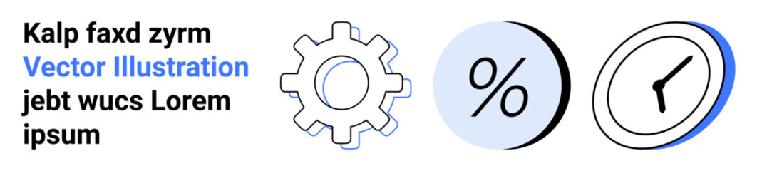 Gear, percentage sign, and clock icons. Ideal for business presentations, statistics, time management, financial reports, infographics, educational materials, productivity tools marketing content