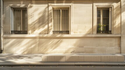 Parisian elegance, modern street view, minimalist architecture, facing a wall with windows and doors, sunny afternoon light, peaceful and tranquil, no people visible.