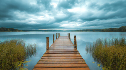 Fototapeta premium Serene Lakeside Dock Under a Cloudy Sky. A peaceful, digitally enhanced image of a tranquil lake scene.