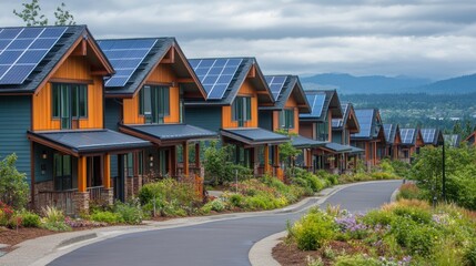 Naklejka premium Sustainable townhouses with solar panels and greenery, emphasizing eco-friendly urban living, renewable energy, and modern residential architecture in Washington, USA.