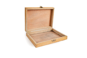 Empty shallow wooden case with open lid, abstract backdrop for product placement, soft focus close up isolated on white background
