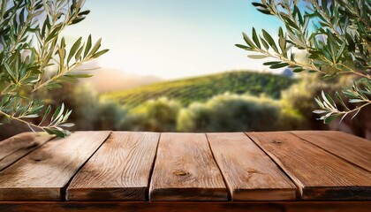 natural wooden table and organic cloth with olive tree plant product placement mockup design background outdoor tropical summer scene with rustic vintage countertop display