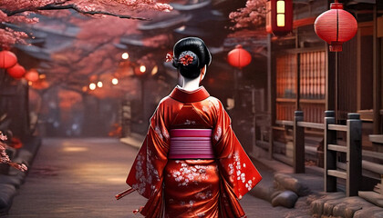 une geisha en kimono rouge qui marche à travers une rues asiatique ancienne, dans un style hyperréaliste tres détaillé, avec des lanterne chinoise accrocher.