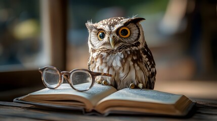 A clever owl dressed as a professor with tiny glasses and a miniature book on a wooden desk.