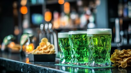 St Patrick Day concept Glasses of green beer and crisps on bar counter and blurred background