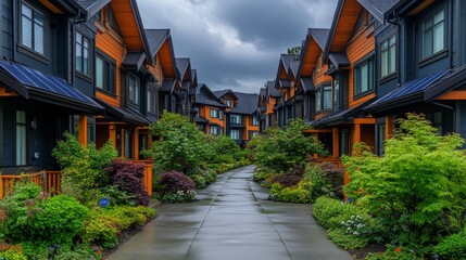 Obraz premium Sustainable townhouses with solar panels and greenery, emphasizing eco-friendly urban living, renewable energy, and modern residential architecture in Washington, USA.