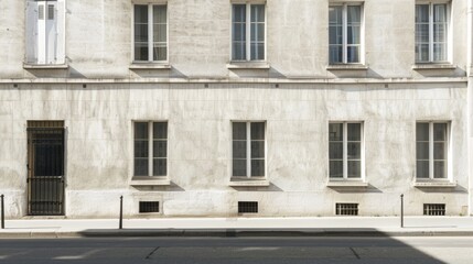 Fototapeta premium Parisian minimalist architecture, full wall with windows and doors, sunny afternoon, tranquil urban setting, no people visible.