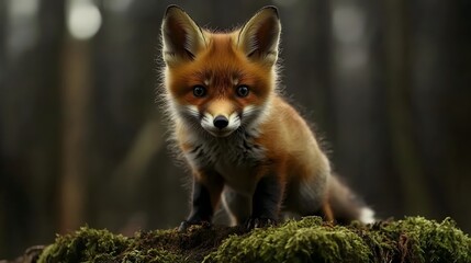 Fototapeta premium A curious red fox pup staring into the camera with big innocent eyes standing on a mossy log.