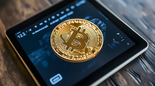 A digital wallet app interface showing real-time cryptocurrency values and portfolio performance on a tablet.