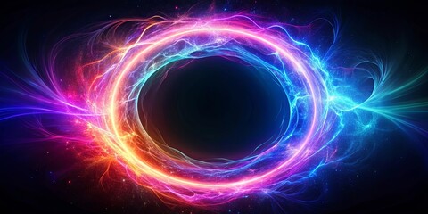 A vibrant swirling ring of energy emits radiant hues of pink, blue, and orange, creating a captivating cosmic spectacle against a backdrop of twinkling stars.