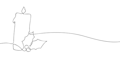 A single line drawing of a candle with holly. Continuous line Christmas candle icon. One line icon. Vector illustration.