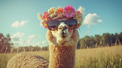 A fluffy alpaca wearing a flower crown and sunglasses standing in a sunny meadow.