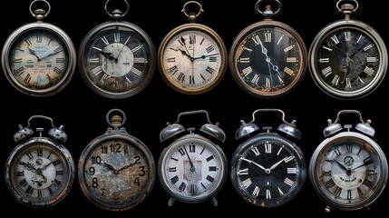 An assortment of antique clocks on a black background.