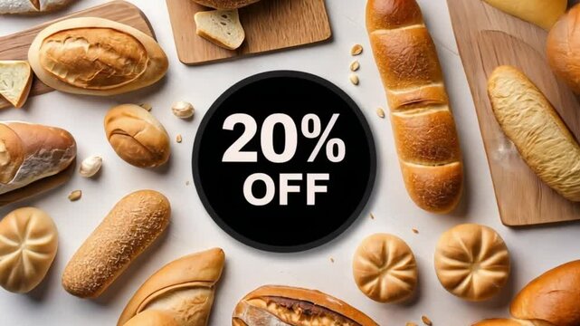 20% off commercial banner. Assortment of fresh baked bread with a 20 percent off sign.