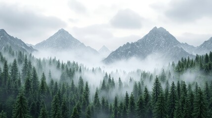 Obraz premium A misty mountain landscape covered with a dense forest of pine trees