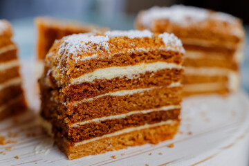 Homemade russian layered honey cake.