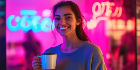A woman is smiling and holding a coffee cup in front of a neon sign. The neon sign is blue and white, and it reads "coffee." The woman is enjoying her coffee and the atmosphere of the cafe