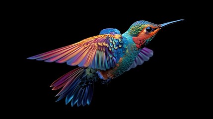Obraz premium Vibrant hummingbird in flight against black background.