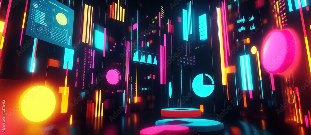 Poster abstract neon geometric shapes and data visualization in a dark environment.