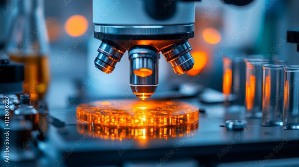 Poster microscope with luminous circular specimen in laboratory setting