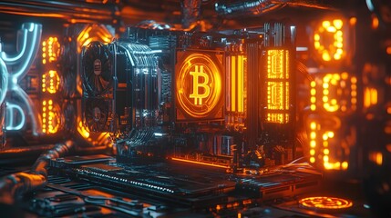 A futuristic crypto mining rig with glowing lights and intricate cooling systems surrounded by holographic currency symbols.