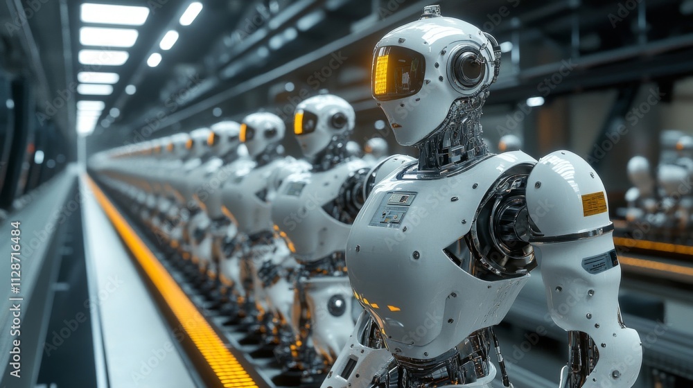 Poster a line of white robots in a futuristic factory