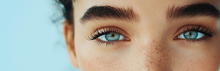 Obraz premium A close-up of a beautiful woman's face with plump and healthy eyebrows, against a blue background