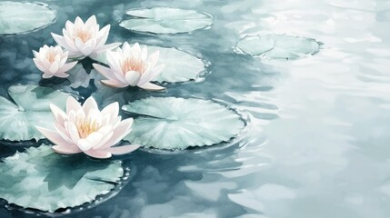 A serene watercolor painting of water lilies floating on a still pond. The flowers are painted in soft pink and white, with green lily pads and light blue water reflections.
