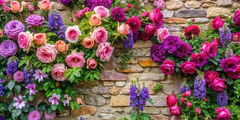 Fototapeta premium A Stone Wall Adorned with Vibrant Blooms in Shades of Pink, Purple, and White, Creating a Stunning Floral Tapestry