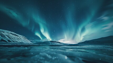 Fototapeta premium A vibrant display of the Northern Lights over a snowy landscape.