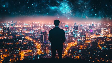 Fototapeta premium Silhouette of a man against a cityscape and starry night sky