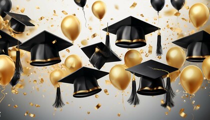 falling black and gold graduation caps background with confetti and balloons on white background generative ai