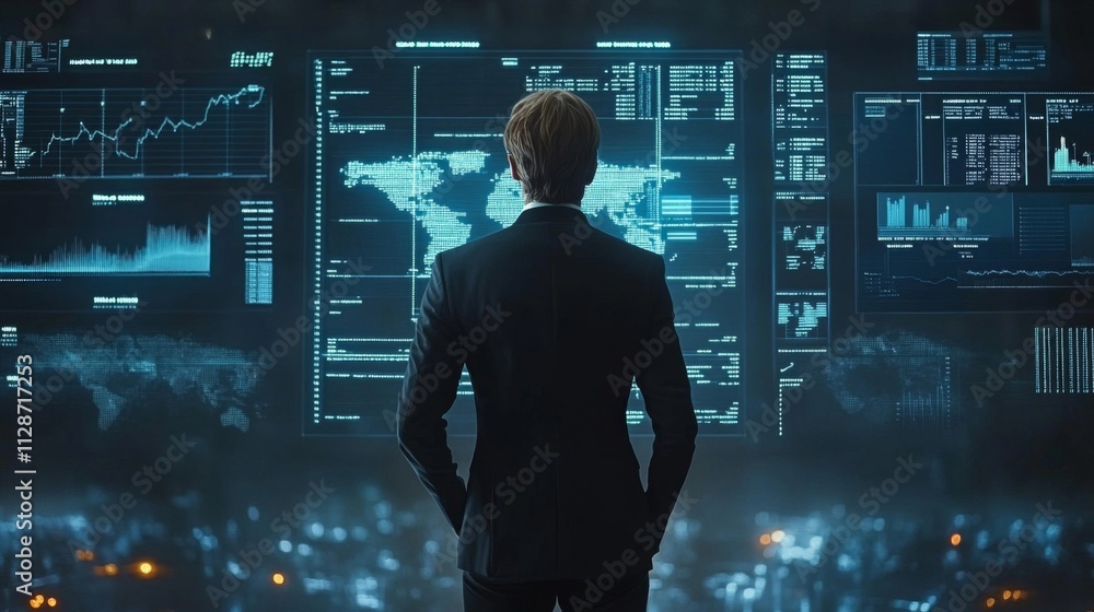 Poster man in suit facing a wall of data and charts