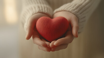 Fototapeta premium glowing red heart cradled gently in warm hands, symbolizing love and care