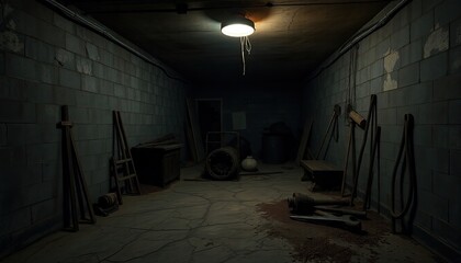 Creepy basement with cracked concrete floors, dim overhead light flickering, a damp atmosphere, and old, rusted tools lying around, at night