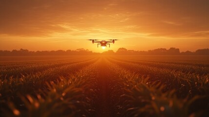 Naklejka premium Drone flying over cornfield at sunrise.