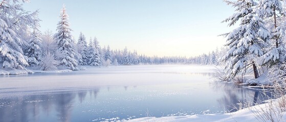 Fototapeta premium Clear winter day on a frozen lake with a backdrop of snowy trees, frost on the water, fresh snowfall, serene landscape