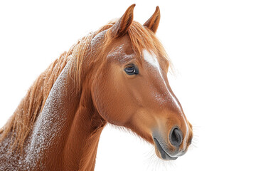 Obraz premium Close up side view portrait of a brown horse covered with snowflakes isolated on a cut out PNG transparent background