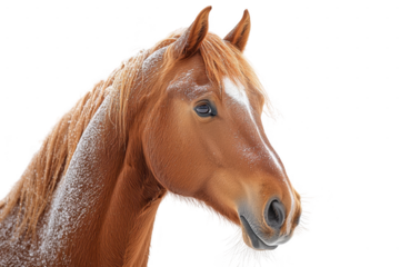 Close up side view portrait of a brown horse covered with snowflakes isolated on a cut out PNG transparent background