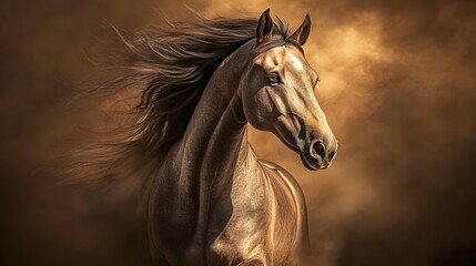 A graceful horse staring into the camera its mane flowing gently in the breeze under golden light.