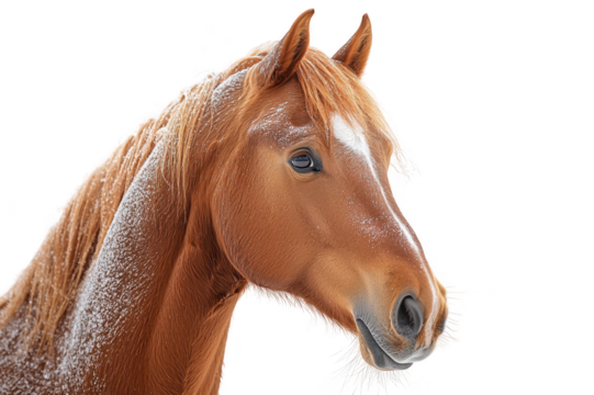 Close up side view portrait of a brown horse covered with snowflakes isolated on a cut out PNG transparent background