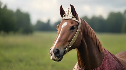 A graceful horse wearing a princess tiara and a glittery sash standing in a green pasture.
