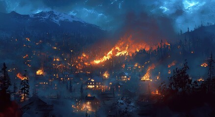 Fototapeta premium a town near mountains, with a forest fire on the mountain in the background and houses burning at night