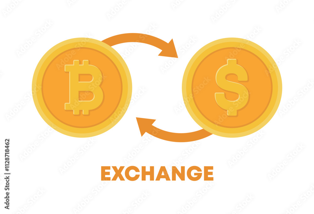 Poster illustration of exchanging and converting bitcoin, an online cryptocurrency created using blockchain