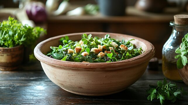 Shamrock salad served in a clay bowl, garnished with croutons and a drizzle of olive oil, surrounded by rustic kitchen decor