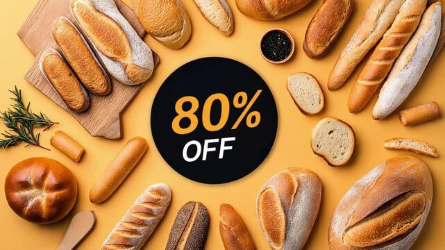 80 percent off commercial banner. Assortment of freshly baked bread arranged around a 80% off sale sign.