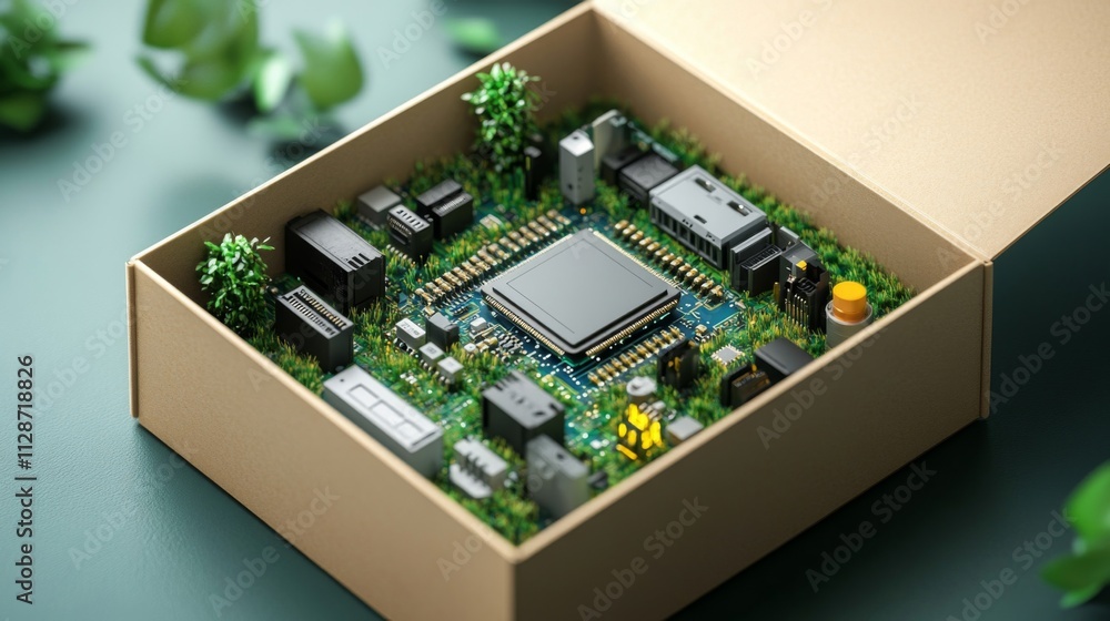 Poster open cardboard box with a circuit board covered in green grass and a processor chip