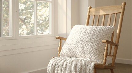 Close up of a knitted white pillow on a rocking chair against a window, rocking chair, home decor, comfort, white