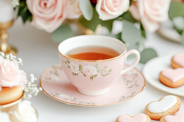 A pink tea cup with flowers on it sits on a pink plate