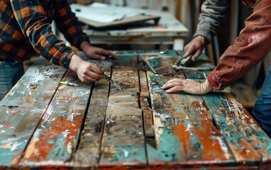 People repairing vintage fixable reusable table together. Repairability, sustainability, maintenance, longevity, user serviceable, self repair, refurbish, recondition, lifetime repair culture concept